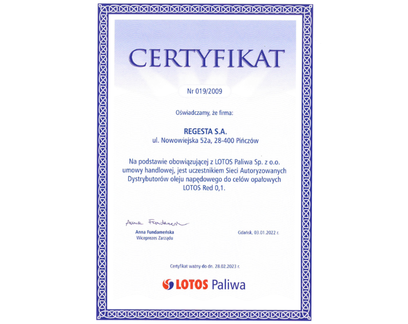 Certyfikat LOTOS Red 0,1