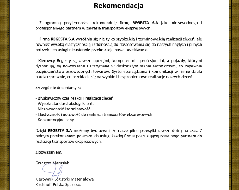 Rekomendacja od klienta - Kirchoff Polska Sp. z o.o.