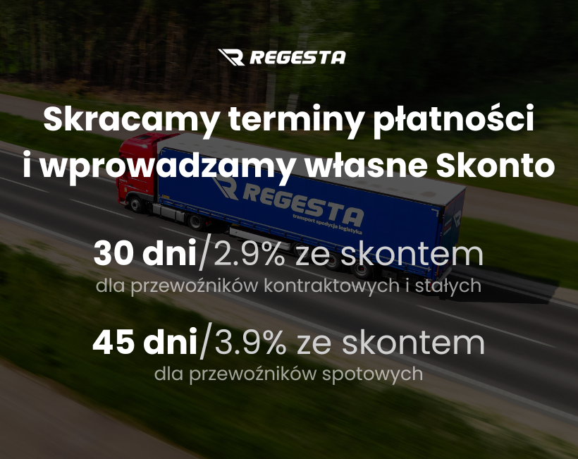 Jak szybciej dostać pieniądze za transport? Regesta skraca terminy płatności i wprowadza własne skonto dla przewoźników