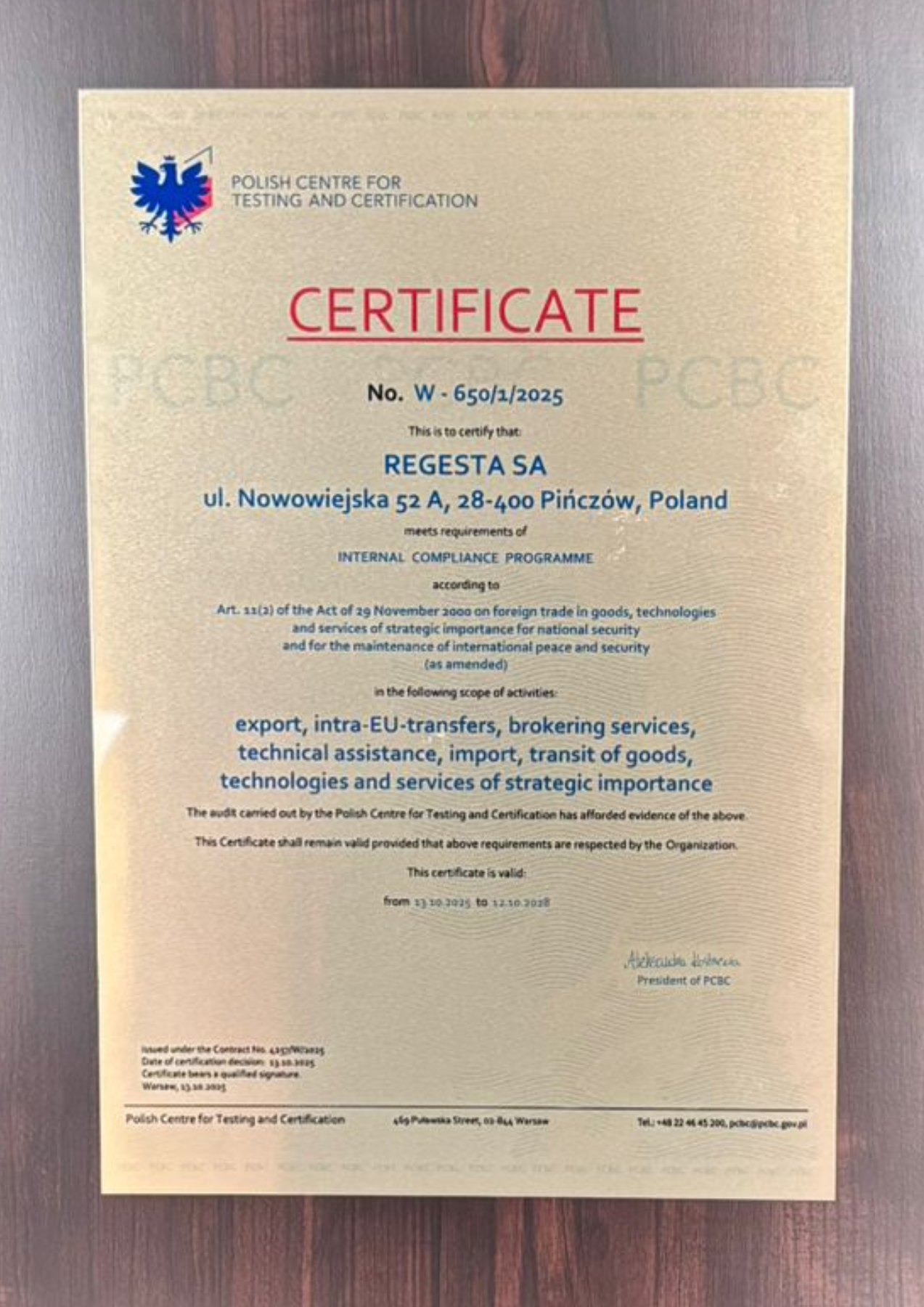 Regesta S.A. Certificates and awards - ICP Certification