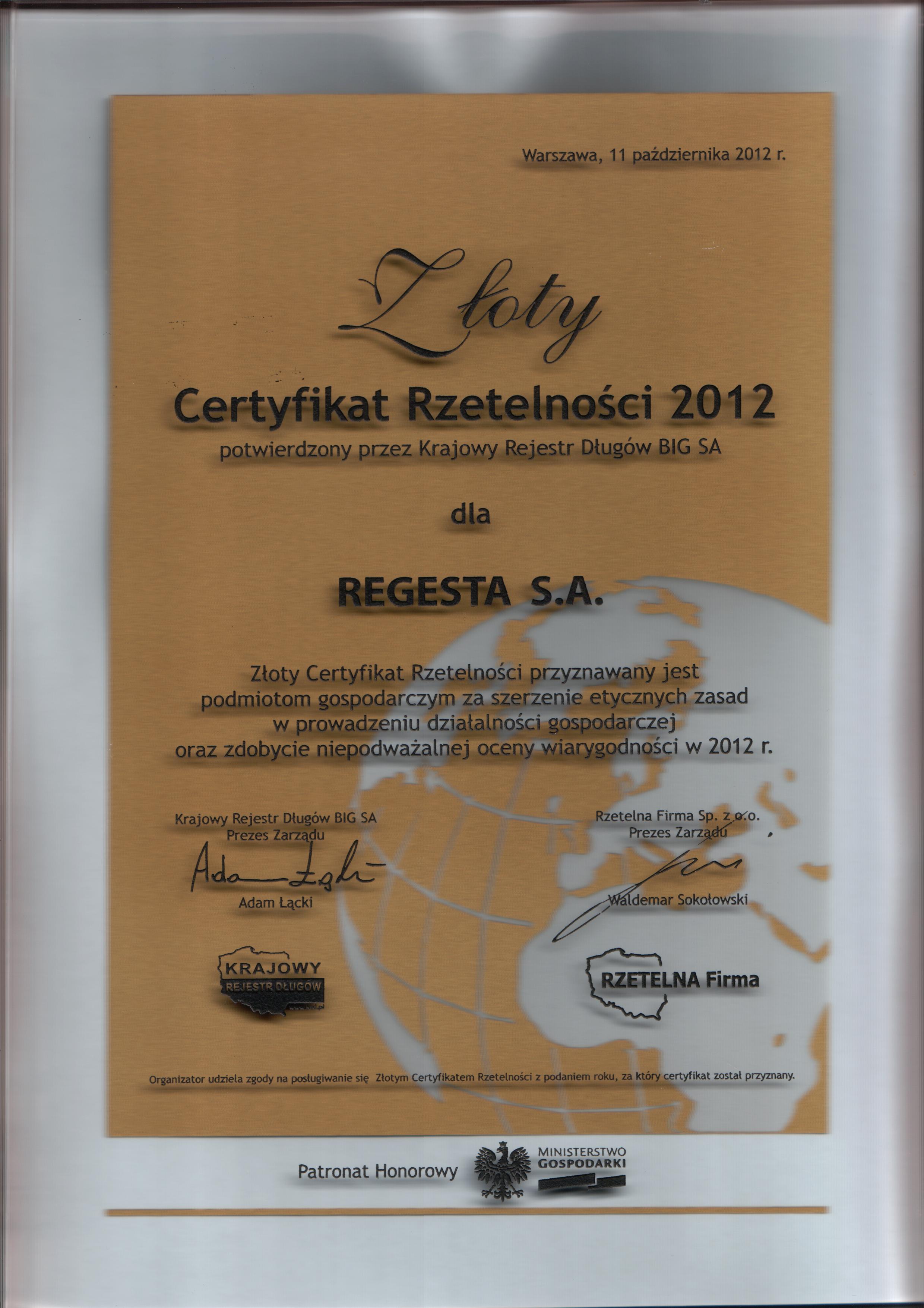 Złoty Certyfikat Rzetelności 2012