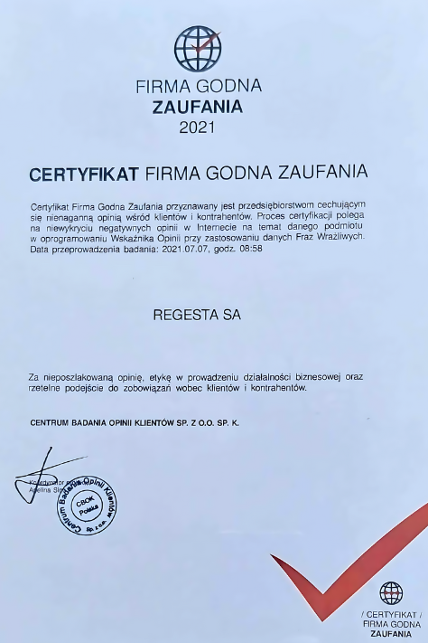 Certificate of a Trustworthy Company 2021