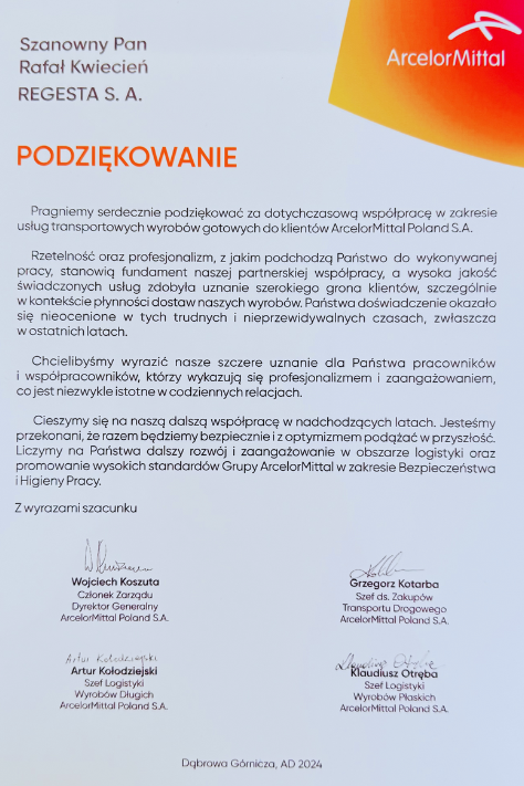 Arcelormittal - Podziękowanie za współpracę