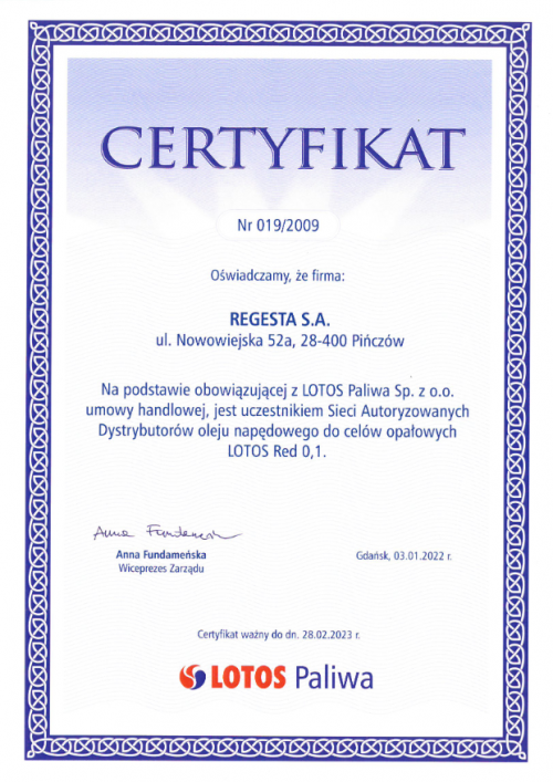 Certyfikat LOTOS Red 0,1
