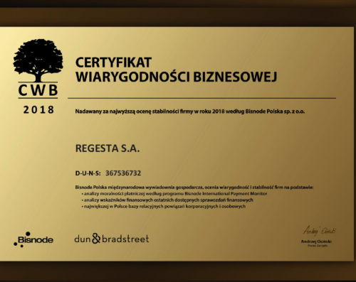 Certyfikat Wiarygodności Biznesowej 2018