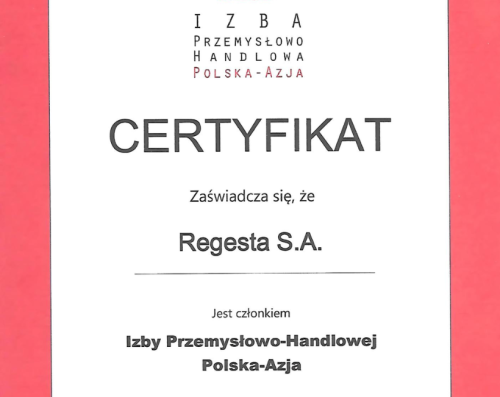 Regesta certyfikowanym członkiem Izby Przemysłowo-Handlowej Polska-Azja