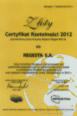 Złoty Certyfikat Rzetelności 2012